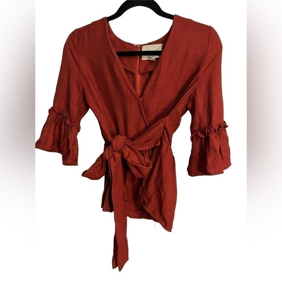 Anthropologie MOON RIVER Wrap Tie Front Bell Sleeves Blouse - Picture 2 of 5